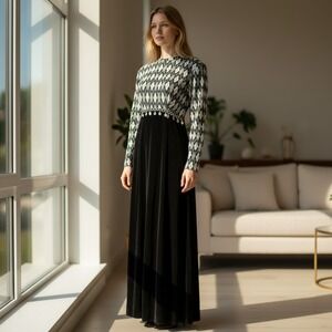 Vintage Mod Argyle Metallic Thread Knit Evening Maxi Dress Velvet Skirt Union